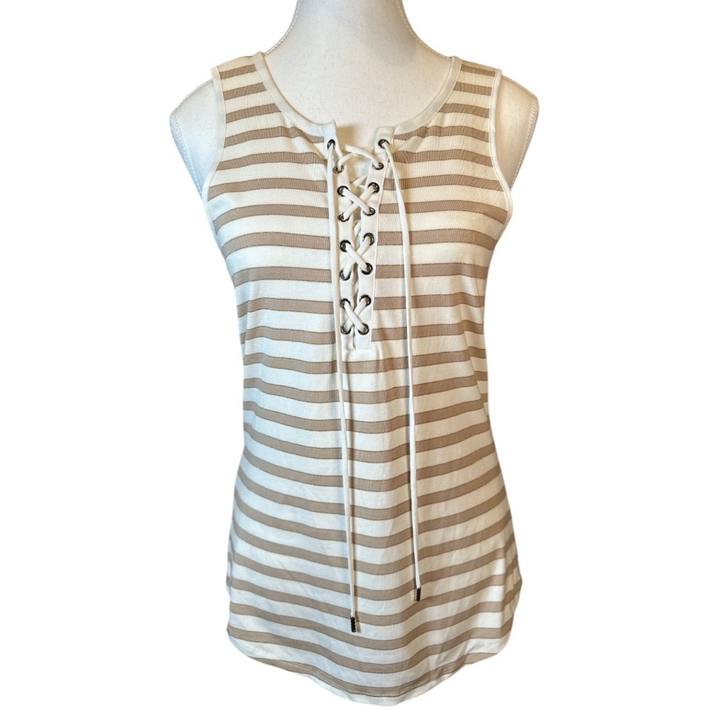 White House Black Market Tan and White Tie Front Sleeveless Tank Top